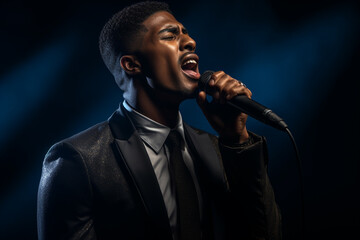 black male singer singing with microphone in front of dark background bokeh style background