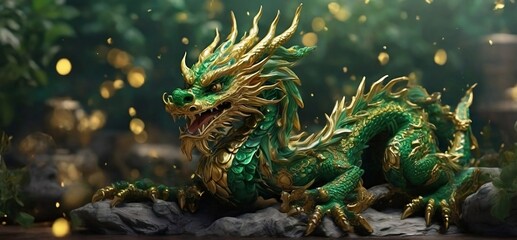 Emerald Gold Chinese Dragon. Chinese new year 2024 year of the green Wood dragon , Chinese zodiac symbol, Lunar new year concept. The symbol of the year 2024 dragon  created with generative ai
