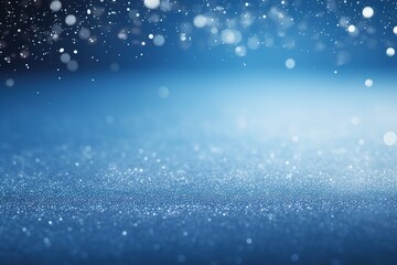 Abstract blue Christmas background with empty space. Snow, bokeh lights. Copy space for your text. Merry Xmas, Happy New Year. Festive backdrop.