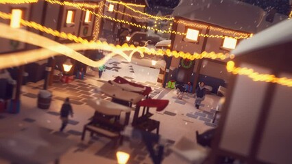 3D Rendered Firework Flying Through Snow Covered Village Where People Are Celebrating Christmas.