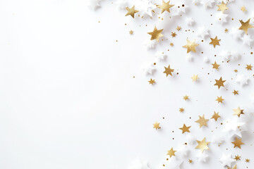 Beautiful Christmas background with white and golden, shining stars and empty space. Glitter, confetti. Copy space for your text. Merry Xmas, Happy New Year. Festive backdrop.