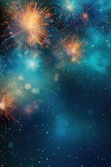 Fototapeta na wymiar Dark blue New Year background with fireworks and empty space. Copy space for your text. Merry Xmas, Happy New Year. Festive vertical backdrop.
