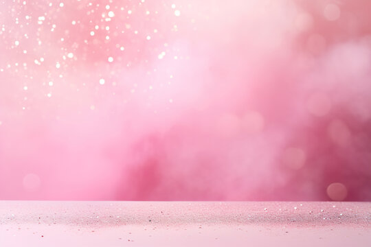 Sparkling pink bokeh effects on a dusty rose surface. Copy space for text or product. Backdrop for cosmetic advertising, event backdrops, romantic content, wellness and spa marketing.