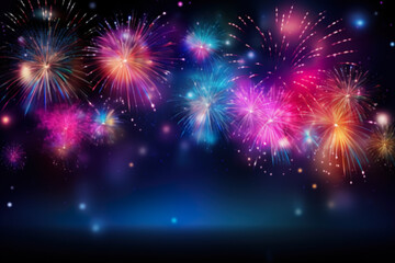 Fototapeta na wymiar Dark New Year background with colorful fireworks and empty space. Copy space for your text. Merry Xmas, Happy New Year. Festive backdrop.