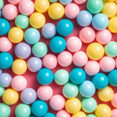 Fototapeta na wymiar Close-up of pastel colored plastic balls and copy space full area, top view. ai generative