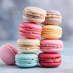 Obraz premium Macaroons close-up. A pyramid of cakes. A pile of cookies. Delicate pink and blue colors, delicious dessert.