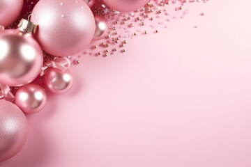 Beautiful pink Christmas background with shining decoration and empty space. Glitter, confetti. Copy space for your text. Merry Xmas, Happy New Year. Festive backdrop.