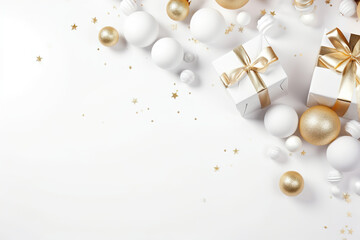 Fototapeta na wymiar Beautiful Christmas background with white and golden, shining decoration and empty space. Glitter, confetti. Copy space for your text. Merry Xmas, Happy New Year. Festive backdrop.