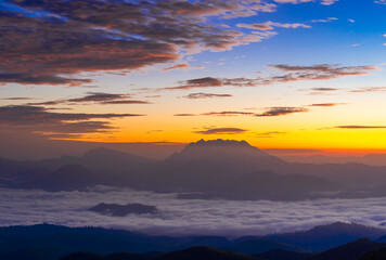 Mountain and sea of fog sunrise surrounded with mountain and forest at Huai Nam Dang National Park....