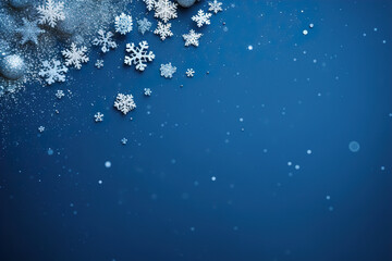 Blue Christmas background with snowflakes and empty space. Copy space for your text. Merry Xmas, Happy New Year. Festive backdrop.