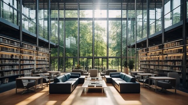 The interior of a modern library, glass walls, sofas, a large number of shelves with books