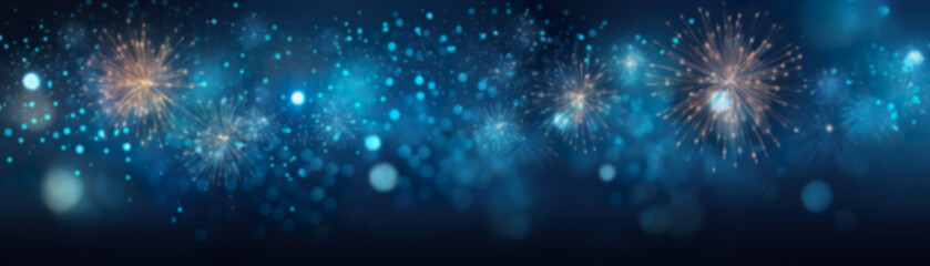 Blue New Year background with fireworks. Festive backdrop, banner. - obrazy, fototapety, plakaty