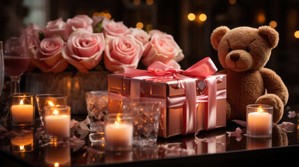 Romantic Valentine's Day Setting with Teddy Bear and Elegant Gifts - Cozy Love Celebration Theme, AI-Generated