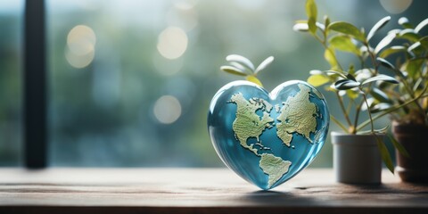 A blue heart shaped vase with a world map on it. Green movement, save the planet banner.