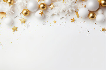 Beautiful Christmas background with white and golden, shining decoration and empty space. Glitter, confetti. Copy space for your text. Merry Xmas, Happy New Year. Festive backdrop.