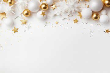 Fototapeta premium Beautiful Christmas background with white and golden, shining decoration and empty space. Glitter, confetti. Copy space for your text. Merry Xmas, Happy New Year. Festive backdrop.
