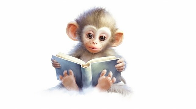 Baby Monkey Wearing Pajama And Reading Book On The.Generative AI