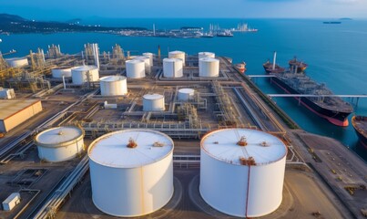 Aerial view oil and gas terminal storage tank farm, Tank farm storage chemical petroleum petrochemical refinery product, Business commercial trade fuel, Generative AI  - obrazy, fototapety, plakaty