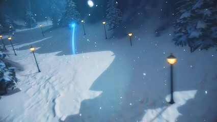 3D Rendered Firework Flying Through Snow Covered Mountains, City Lights, Snowman, Christmas Tree And Stopping At Black Sign Board. - Powered by Adobe