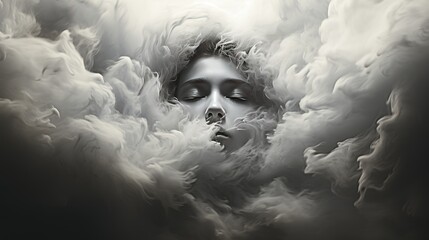 black and white clouds form a human face - obrazy, fototapety, plakaty