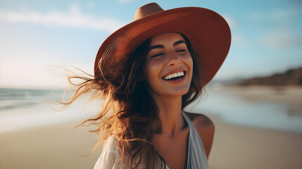 Beautiful girl in a hat on the ocean shore