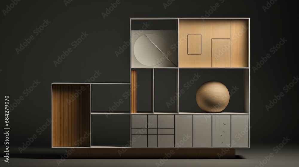 Poster a shelf with a sphere on top of it.