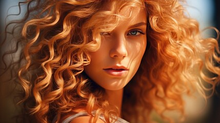 Fototapeta premium Naturalistic portrait of a young red-haired girl sunlit close-up. The concept of natural female beauty. Illustration for cover, card, postcard, interior design, banner, poster, brochure, presentation.