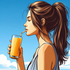 beautiful young woman holding a glass of juice