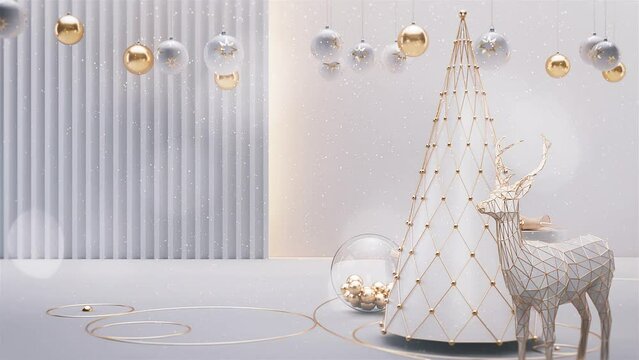 3D Rendered Animated Scene Of Crystal Golden Ornaments- Snow Globes, Golden Balls, Trees, Deer.