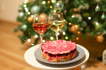 Dressed herring or herring under a fur coat. Traditional Russian cuisine