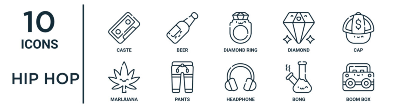 hip hop linear icon set. includes thin line beer, diamond ring, cap, pants, bong, boom box, marijuana icons for report, presentation, diagram, web design