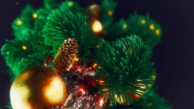 3D Animated Reveal Scene Of Christmas Tree Growing Leave, Pine Cones, Light Balls, Ornaments.