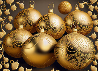 Linolschnitt goldene Weihnachtskugeln mit Muster, auf braunem Hintergrund f&uuml;r Design, Web... 