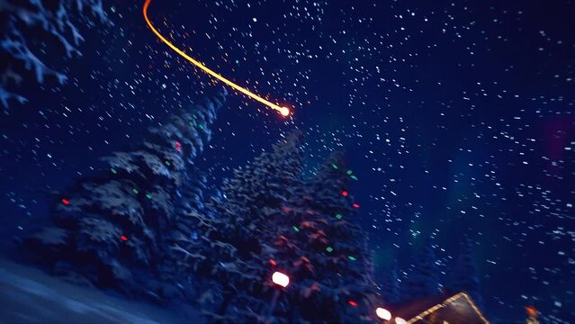 3D Animated Firework Rushes Through Snow Covered House In The Middle Of Forest Surrounded By Christmas Decorations.