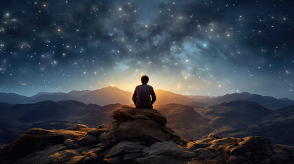 A man sitting on top of mountains starry night - obrazy, fototapety, plakaty