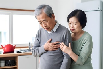 Retired Asian senior husband holding chest pain due to heart attack accompanied by wife being treated at home