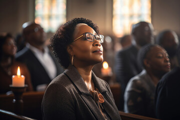 Mature African American woman praying in church capturing spirituality faith community and serene atmosphere suited for religious and inspirational themes - Powered by Adobe