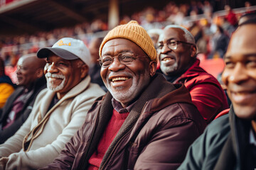 Group of joyful African American senior friends enjoying an outdoor sporting event sharing laughter and companionship