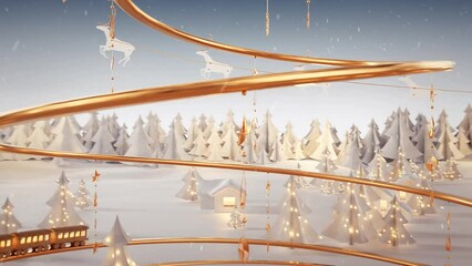 3D Rendered Animated Train Whooshing On Golden Christmas Tree Shale Spiral Revealing Snowflake Atop.
