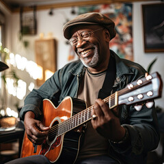 Joyful senior African-American man playing acoustic guitar with heartfelt passion in a cozy home setting perfect for music industry and entertainment