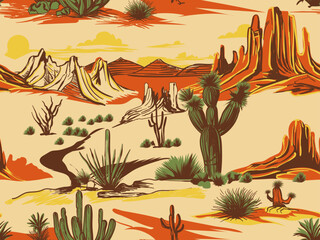  New Desert vector Pattern, mountain and cactus background, desert life , vector art for desert pattern, allover print use for tee, sweatshirt, shirt © sumonsharif