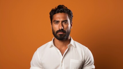 Obraz premium Contemplative South Asian Man on Orange Background.