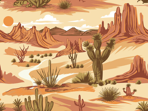 Desert Pattern in vector, desert mountains, desert cactus patterns, desert vibes, hand drawn desert patterns, vintage desert art, patterns background, desert print