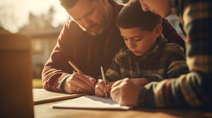 Father and son doing homework together at home. Family spending time together.