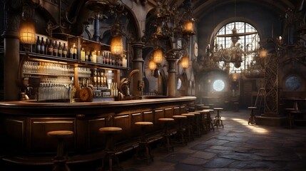 Fototapeta na wymiar Atmospheric interior of an old alcohol bar, large space