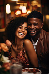 Joyful young African American couple enjoying a romantic dinner date at a cozy restaurant capturing love warmth and fashionable style perfect for lifestyle and relationship themes