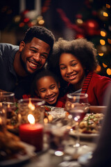 Obraz na płótnie Canvas Happy African American family enjoying festive Christmas dinner together portraying joy love and togetherness ideal for holiday-themed advertising