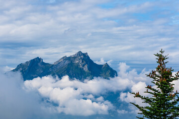 Panoramic view of the mountains at Lake Lucerne in Switzerland.