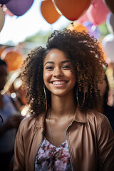 Young African American woman smiling with earbuds among balloons portraying joy and celebration suitable for lifestyle and entertainment themes