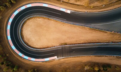 Aerial top view motorsport race asphalt track circuit motor racing track, Race track curve, Curving race track view from above, Aerial view car race asphalt track, Generative AI  - obrazy, fototapety, plakaty
